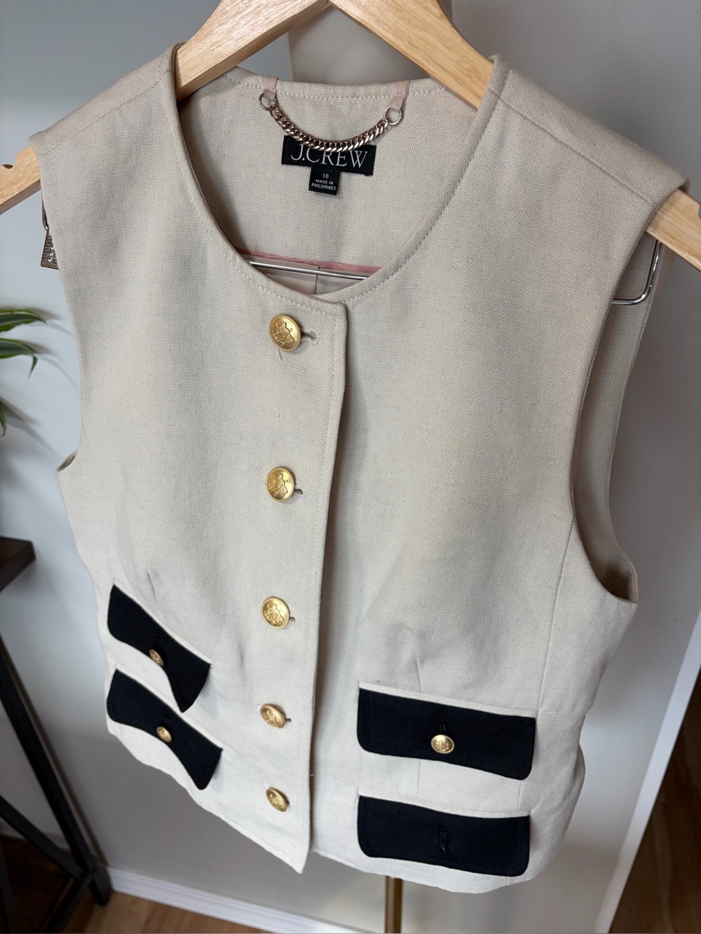 J. Crew Sleeveless Vest with Black Pocket Trim and Gold Buttons